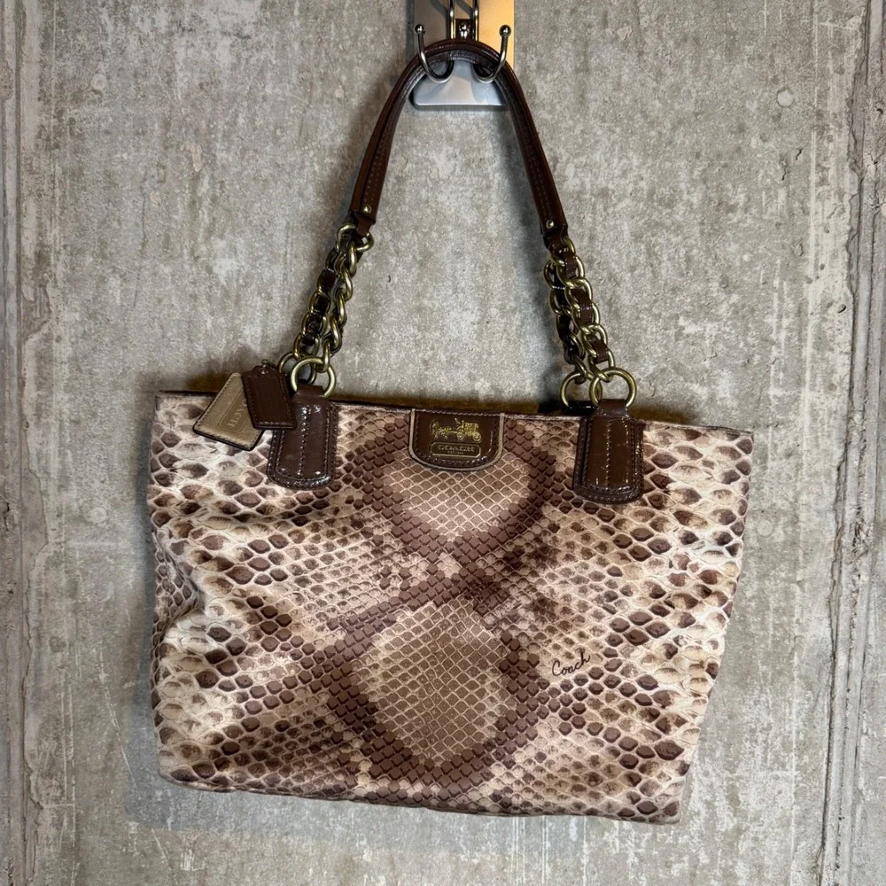 Rare 00's Coach Python Snake Print Tote Brown Leather Gold Chain Bag 20482
